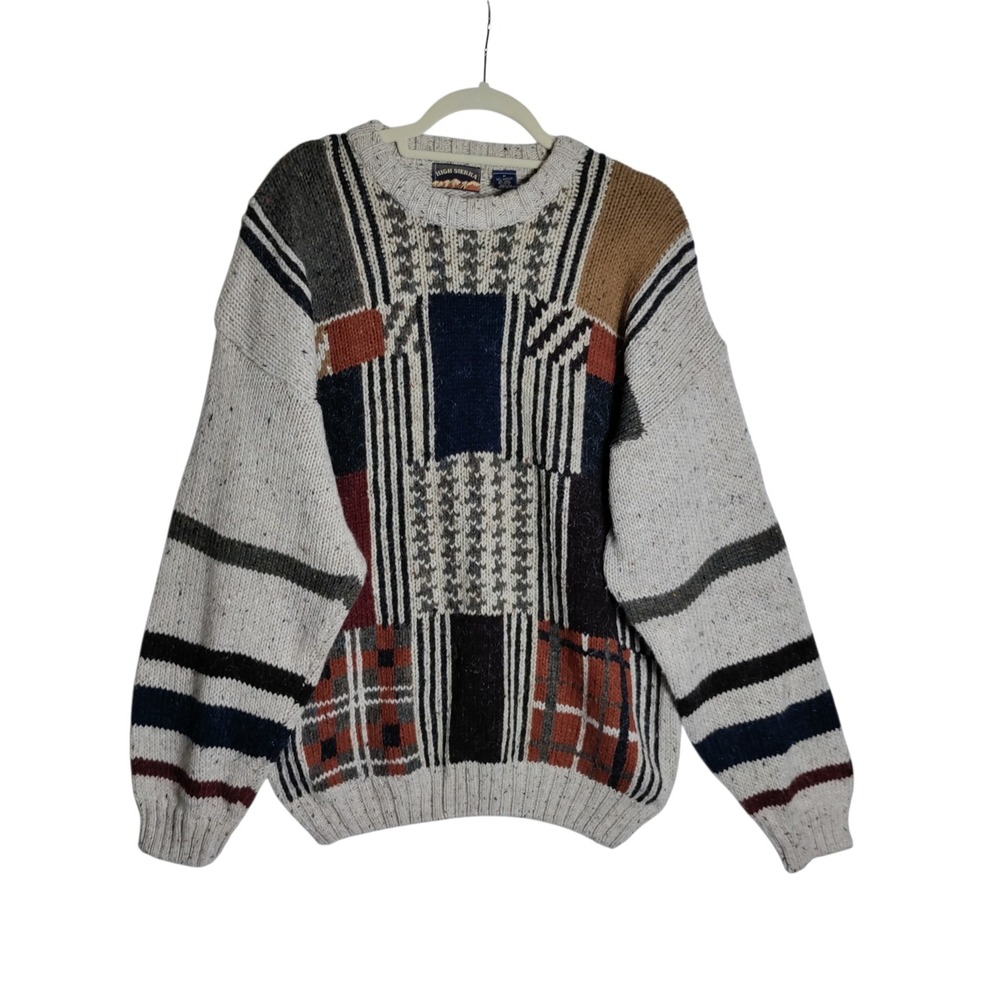High Sierra Mens Vintage Patchwork Geometric Wool Blend Crewneck Sweater  M
